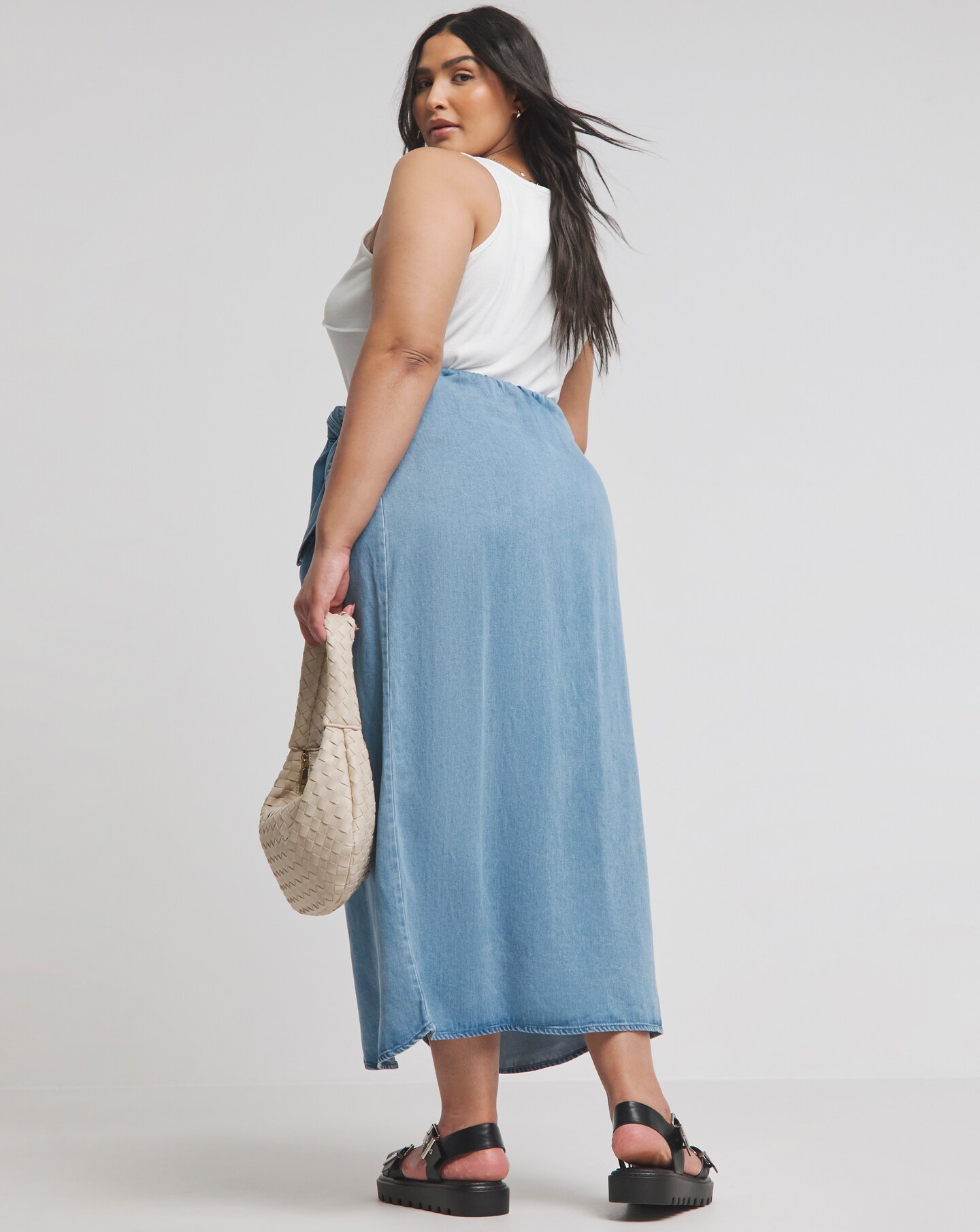 Mid Wash Denim Wrap Midi Skirt | Oxendales