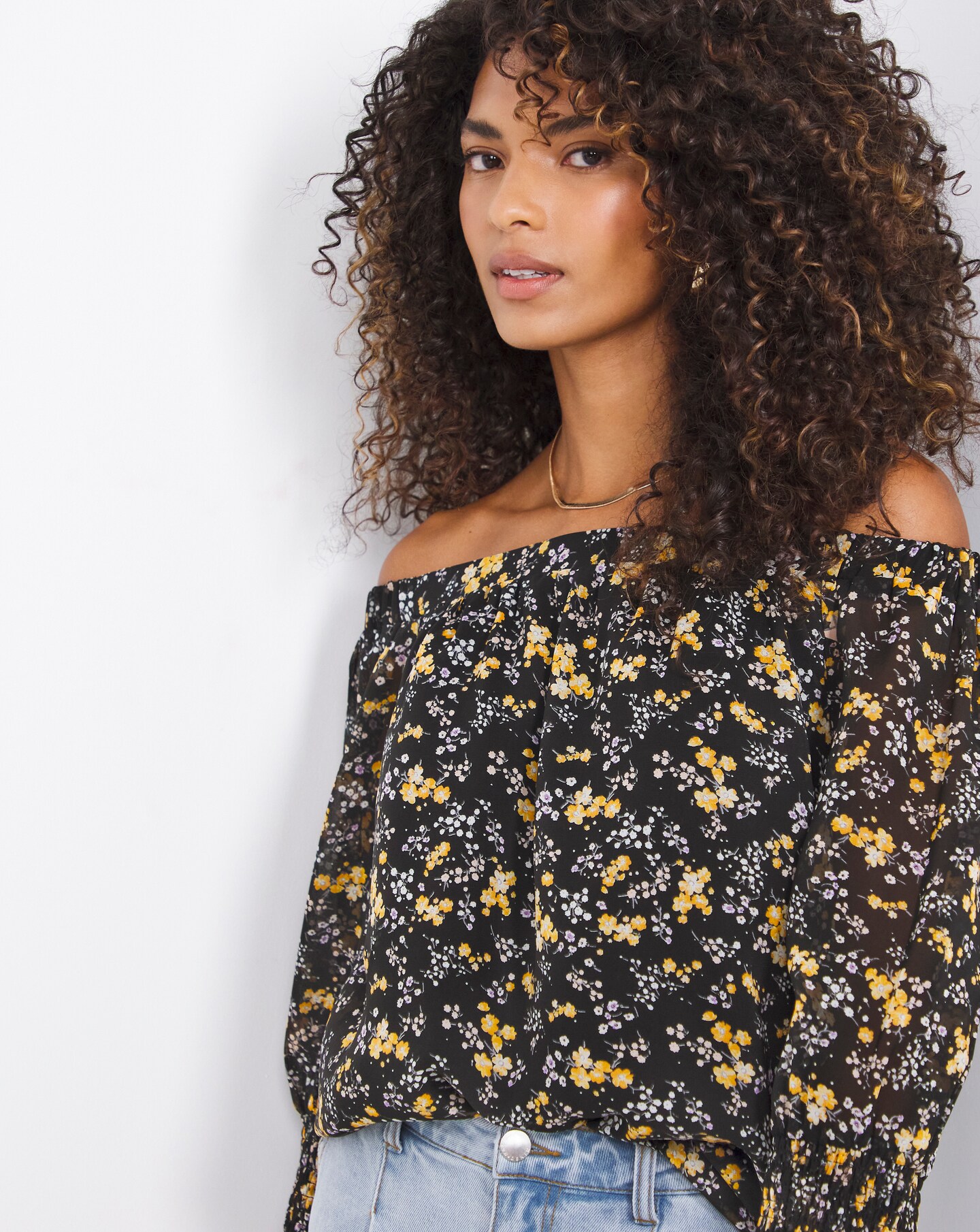 Black floral bardot top clearance