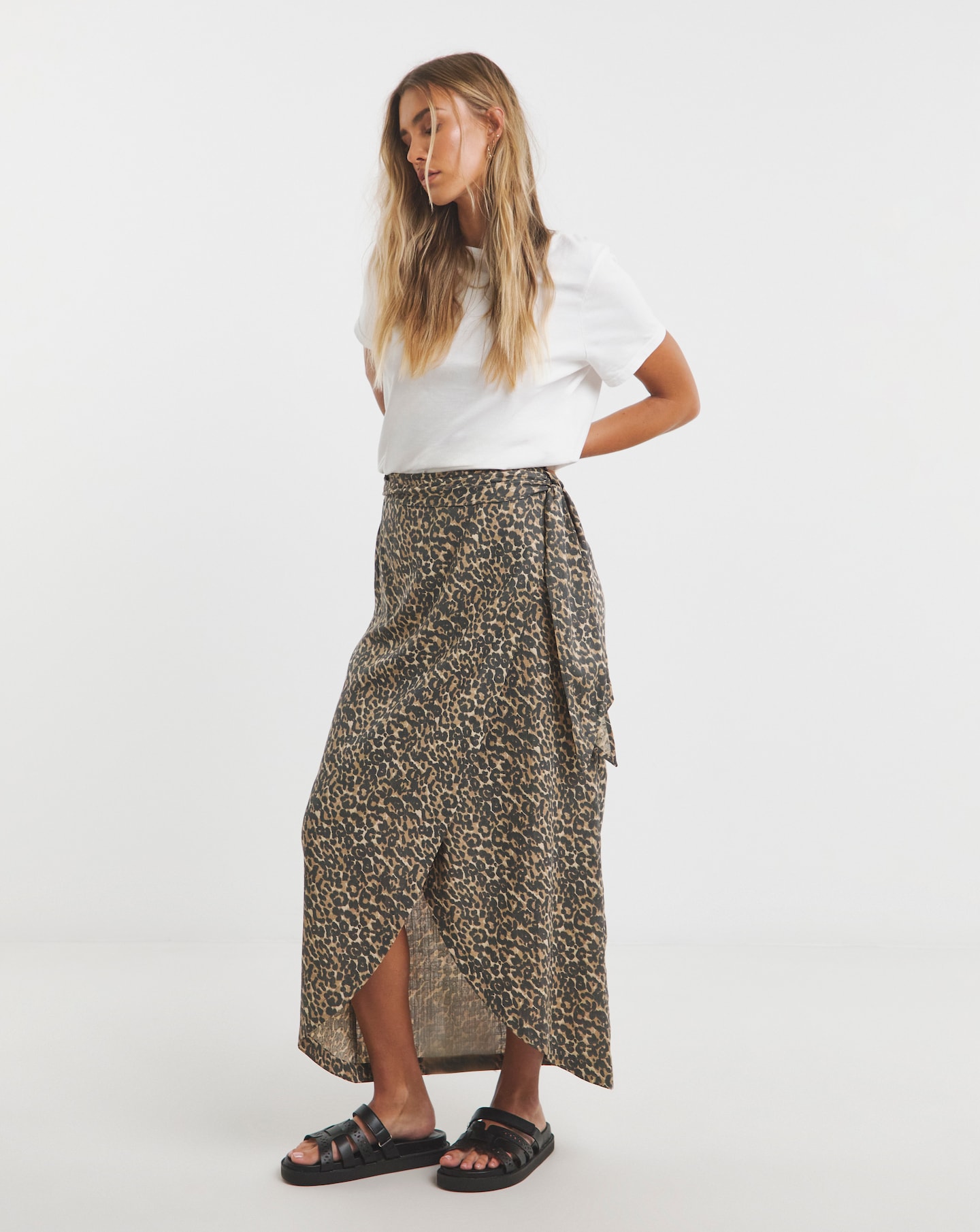 Linen Mix Wrap Midi Skirt | Oxendales