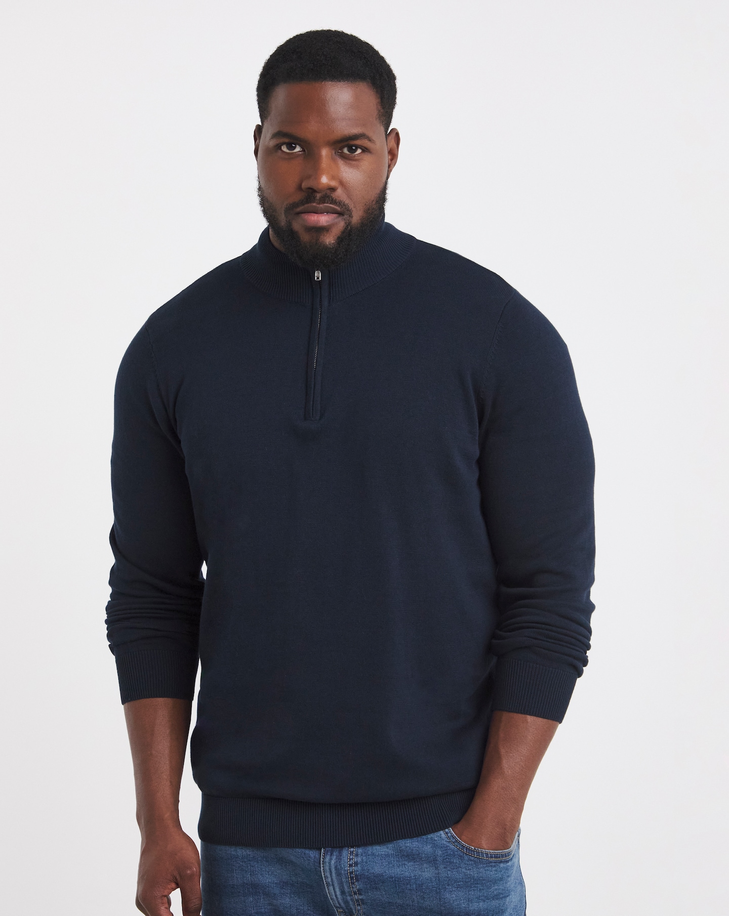 Dark Navy Cotton 1/4 Zip Funnel Knit Top | Oxendales