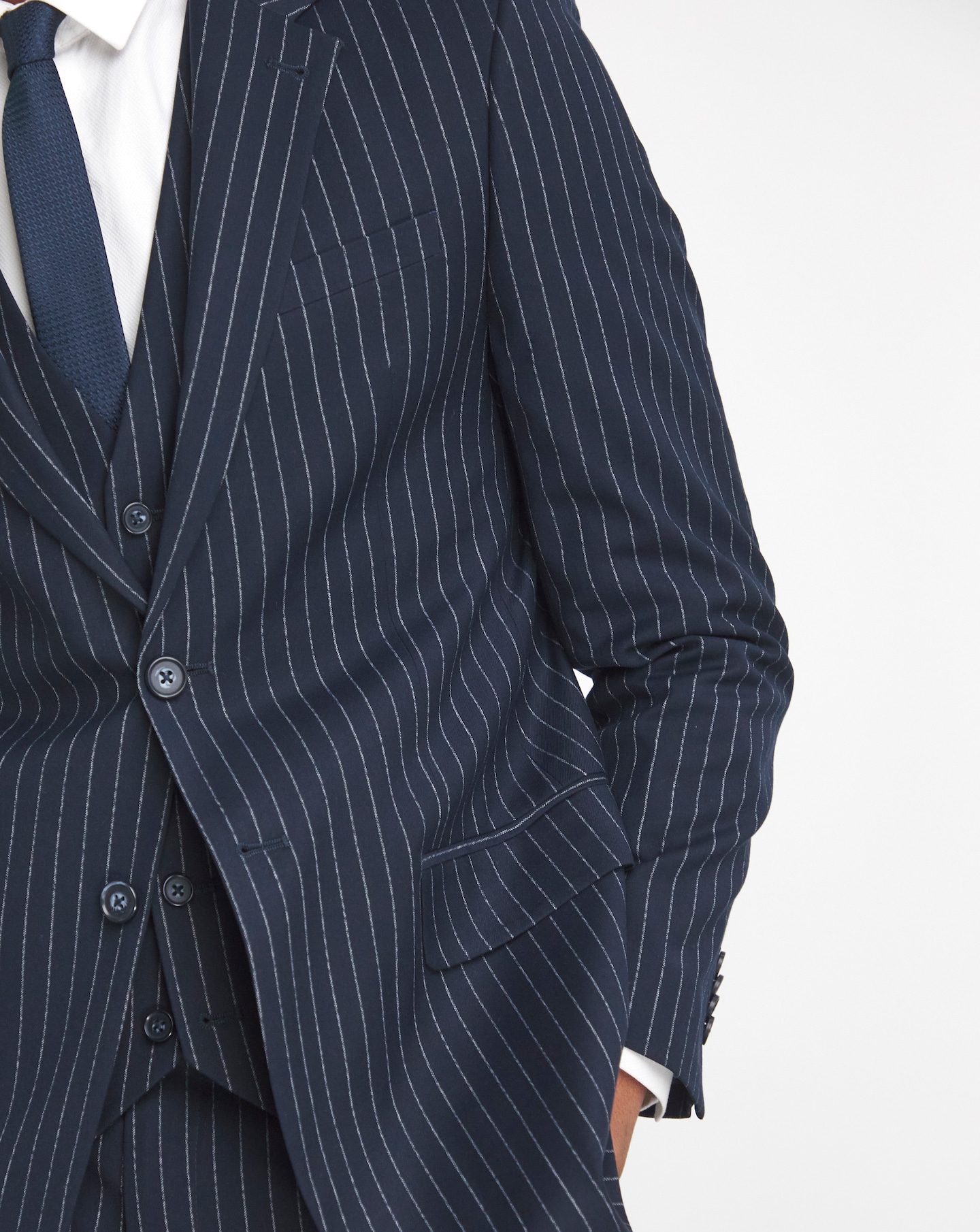 Blue pinstripe blazer deals