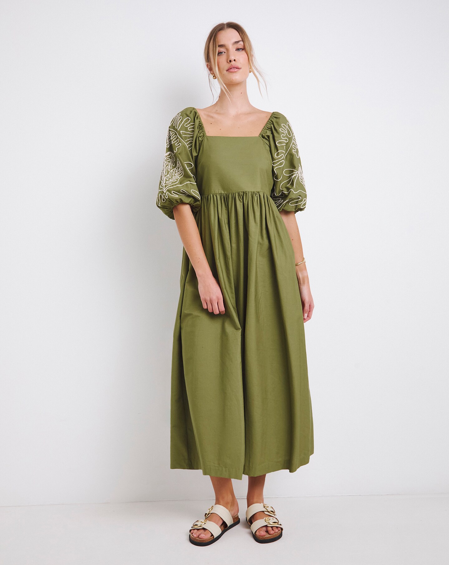 green emerald velvet dress Khaki Flower Bird Embroidered Midi Dress – FARM Rio main image 0