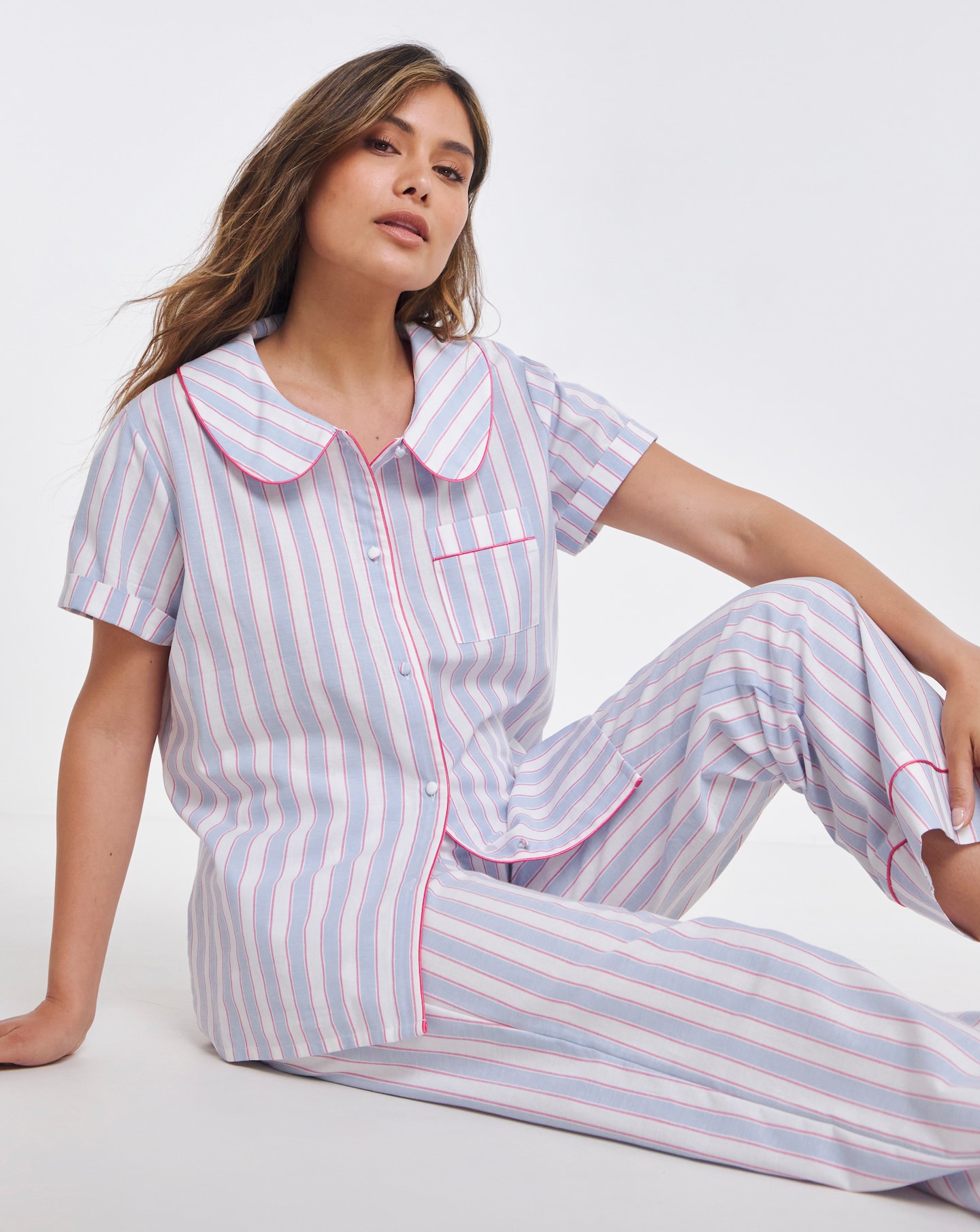 Cotton Button Through Striped Pyjama Set Oxendales